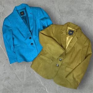 Limited Wool Single Breasted Blazers Blue Brown Women Medium Classic Work Career